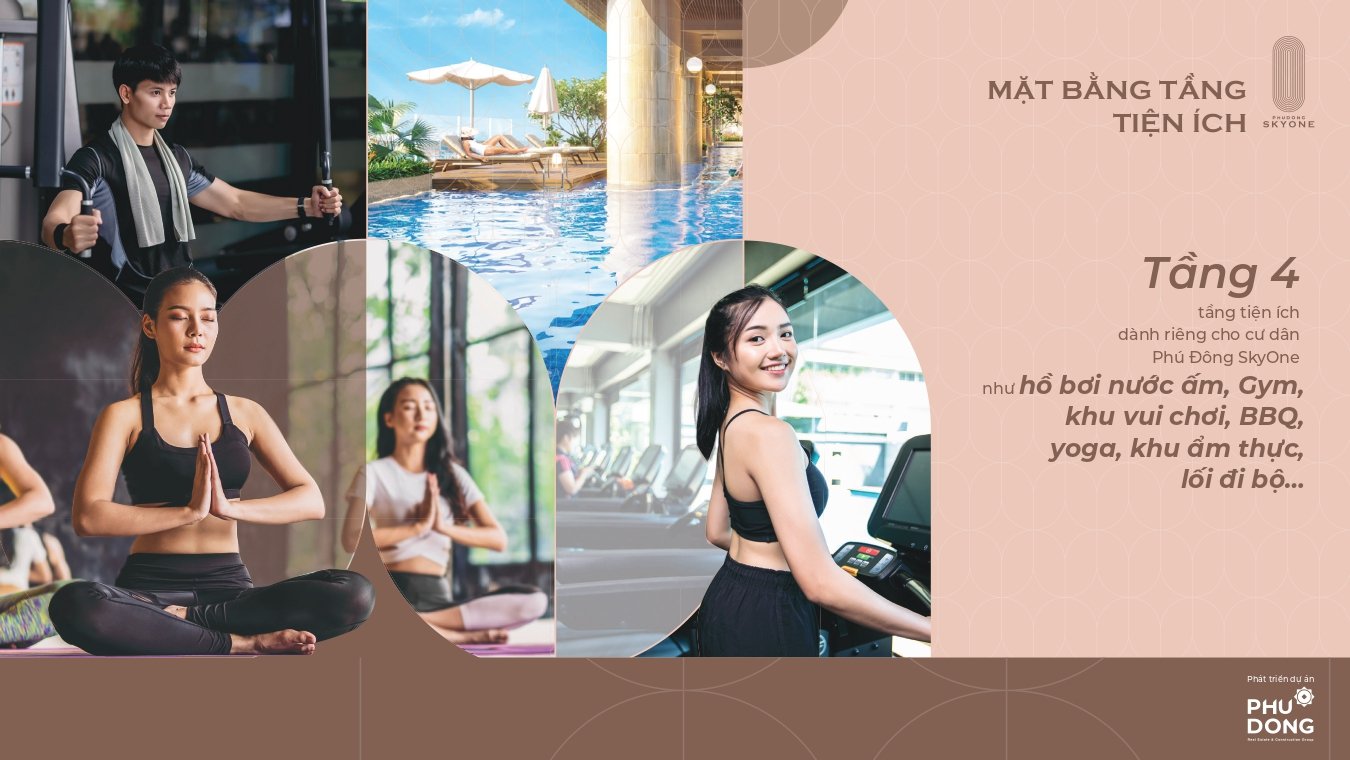 Các tiện ích hồ bơi, phòng gym, yoga tầng 4 Phú Đông Skyone