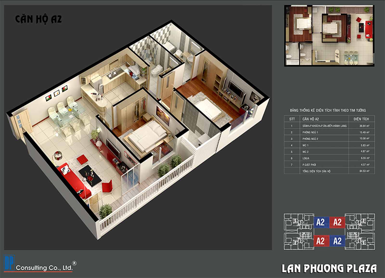 Layout thiết kế căn hộ A2 - 2PN-2WC The Navita