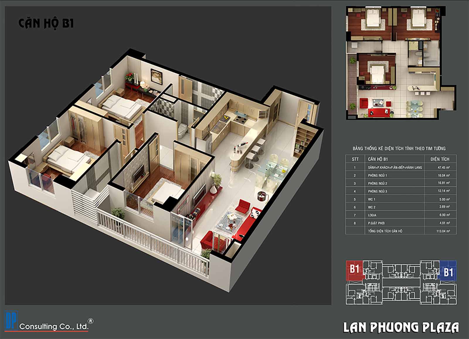 Layout thiết kế căn hộ B1 - 3PN-2WC The Navita