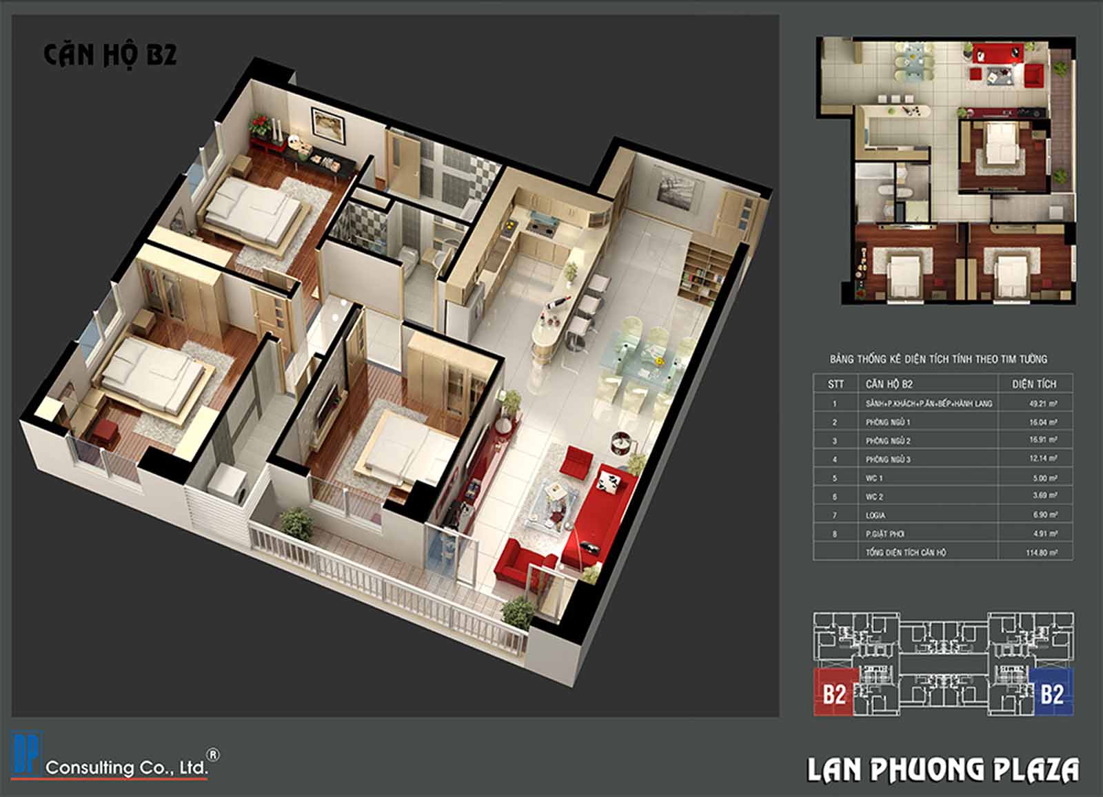 Layout thiết kế căn hộ B2 - 3PN-2WC The Navita