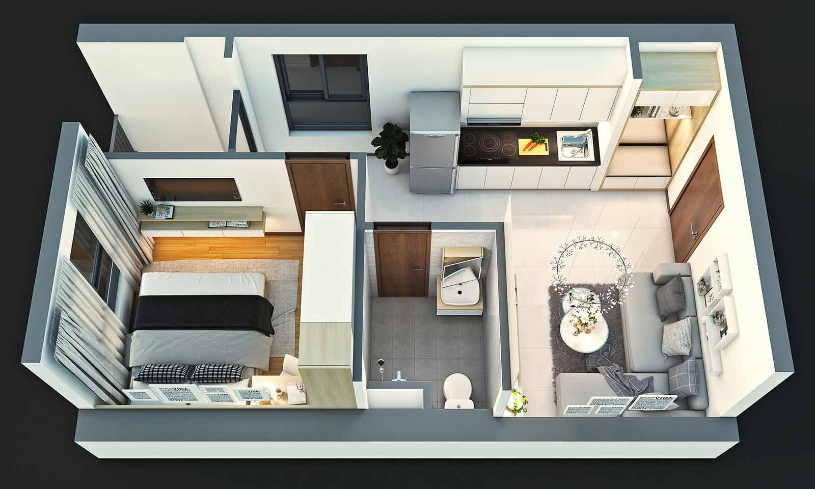 Layout căn C 1PN căn góc Bcons Miền Đông
