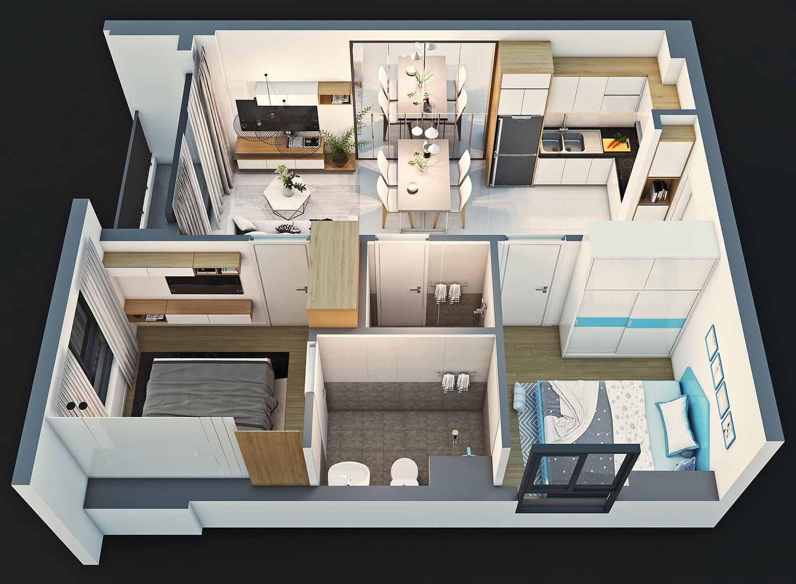 Layout căn B 2PN Bcons Miền Đông