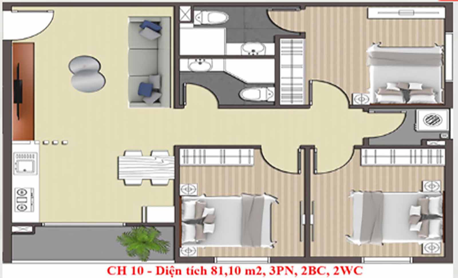 Layout thiết kế căn hộ 81.1m2 STown Thủ Đức 