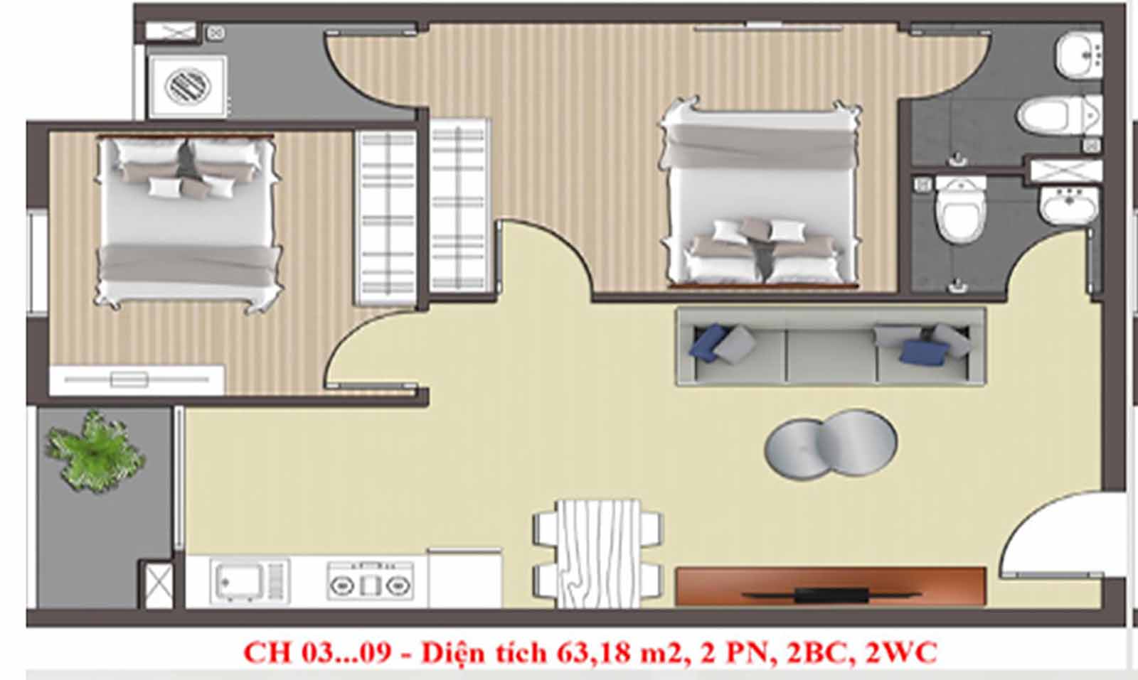 Layout thiết kế căn hộ 63.18m2 STown Thủ Đức 