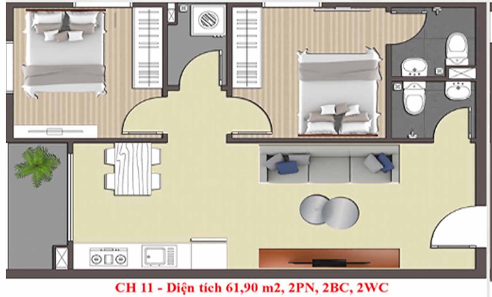 Layout thiết kế căn hộ 61.90m2 STown Thủ Đức 
