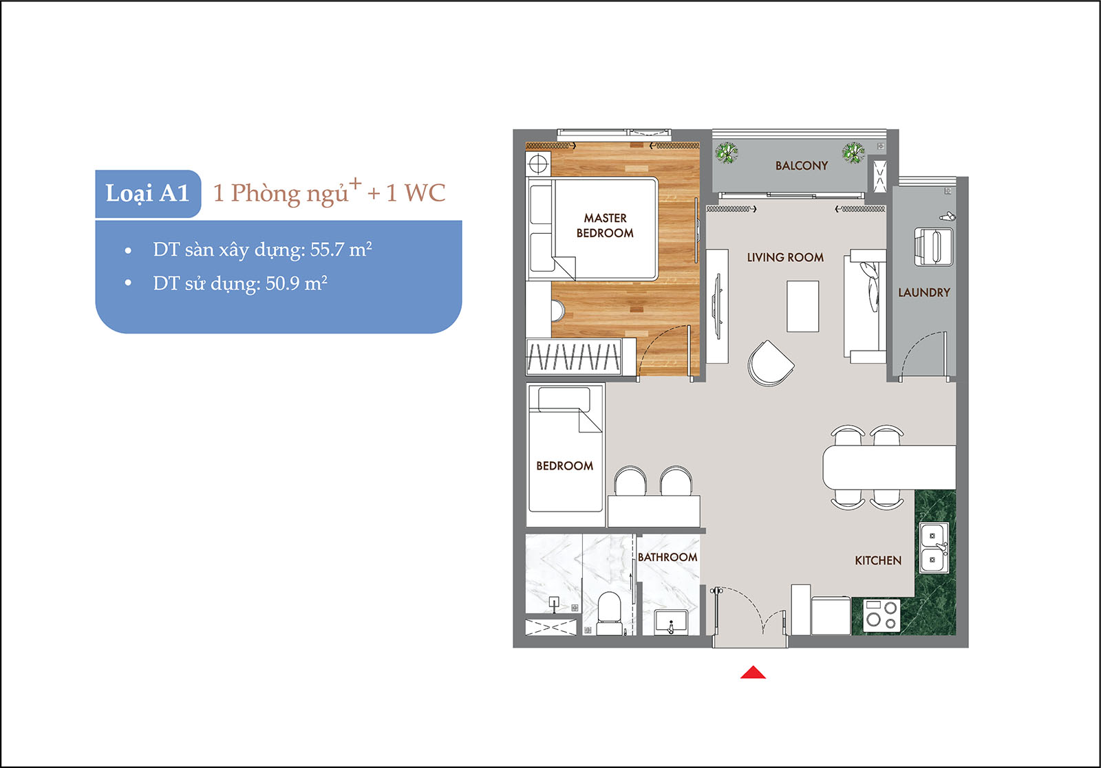 Layout thiết kế chi tiết căn 55.7m2 - 1PN Phú Đông Sky One