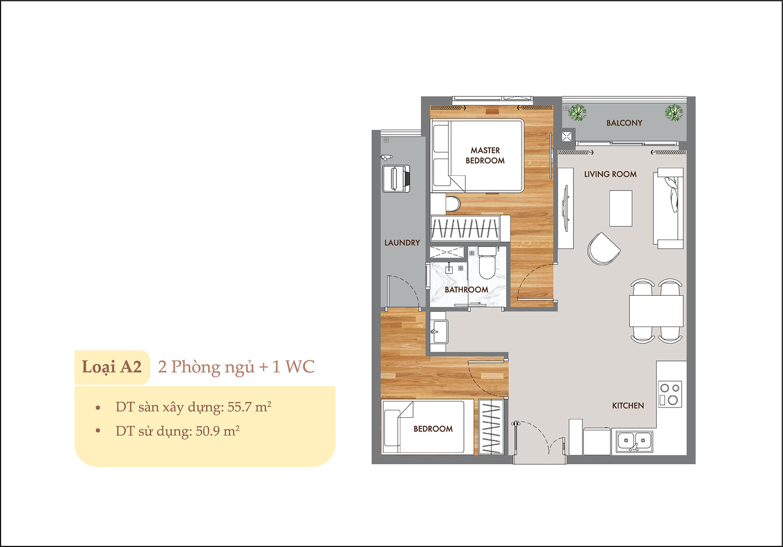 Layout thiết kế chi tiết căn 55.7m2 - 2PN - 1WC Phú Đông Sky One