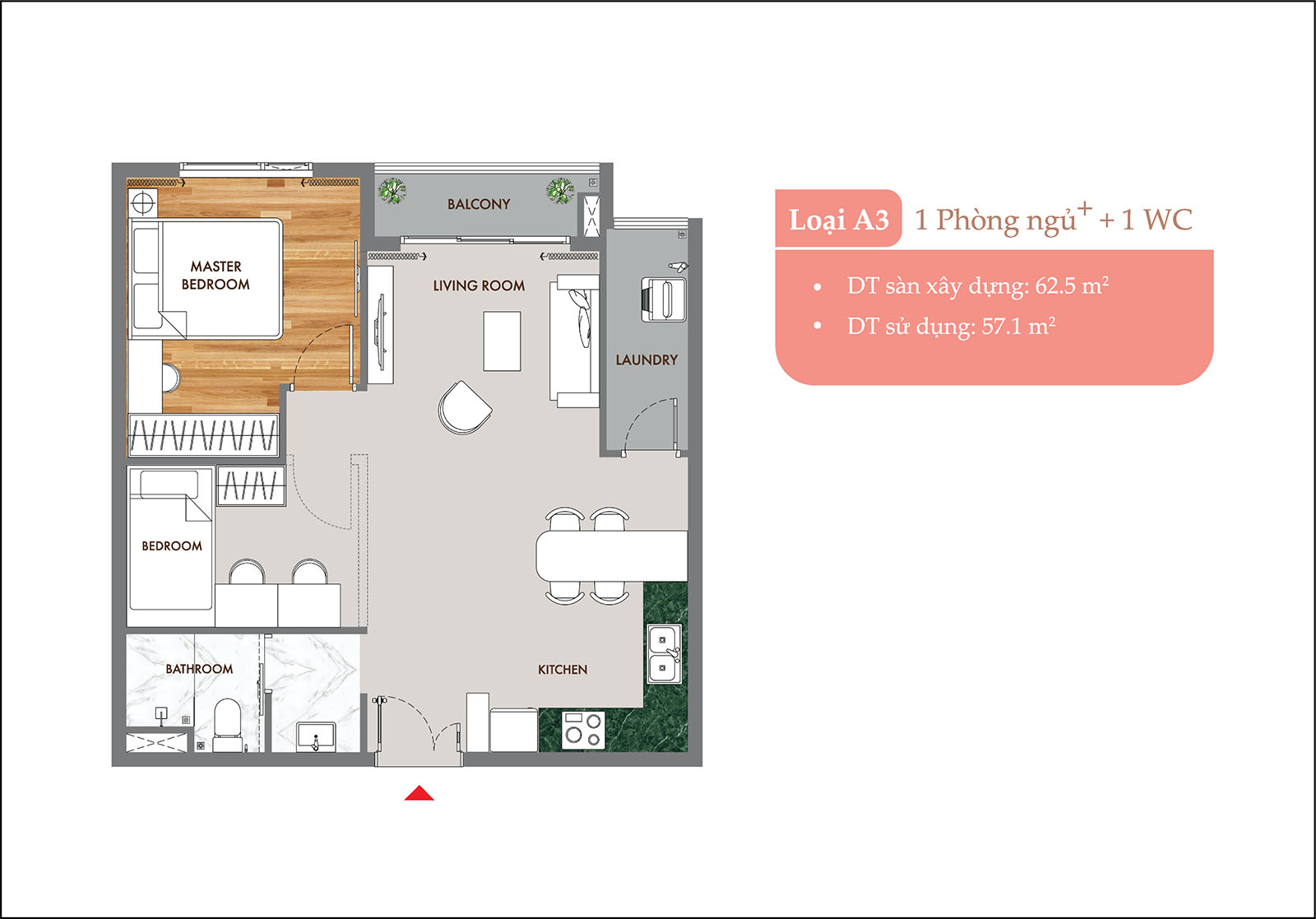 Layout thiết kế chi tiết căn 62.6m2 - 1PN - 1WC Phú Đông Sky One
