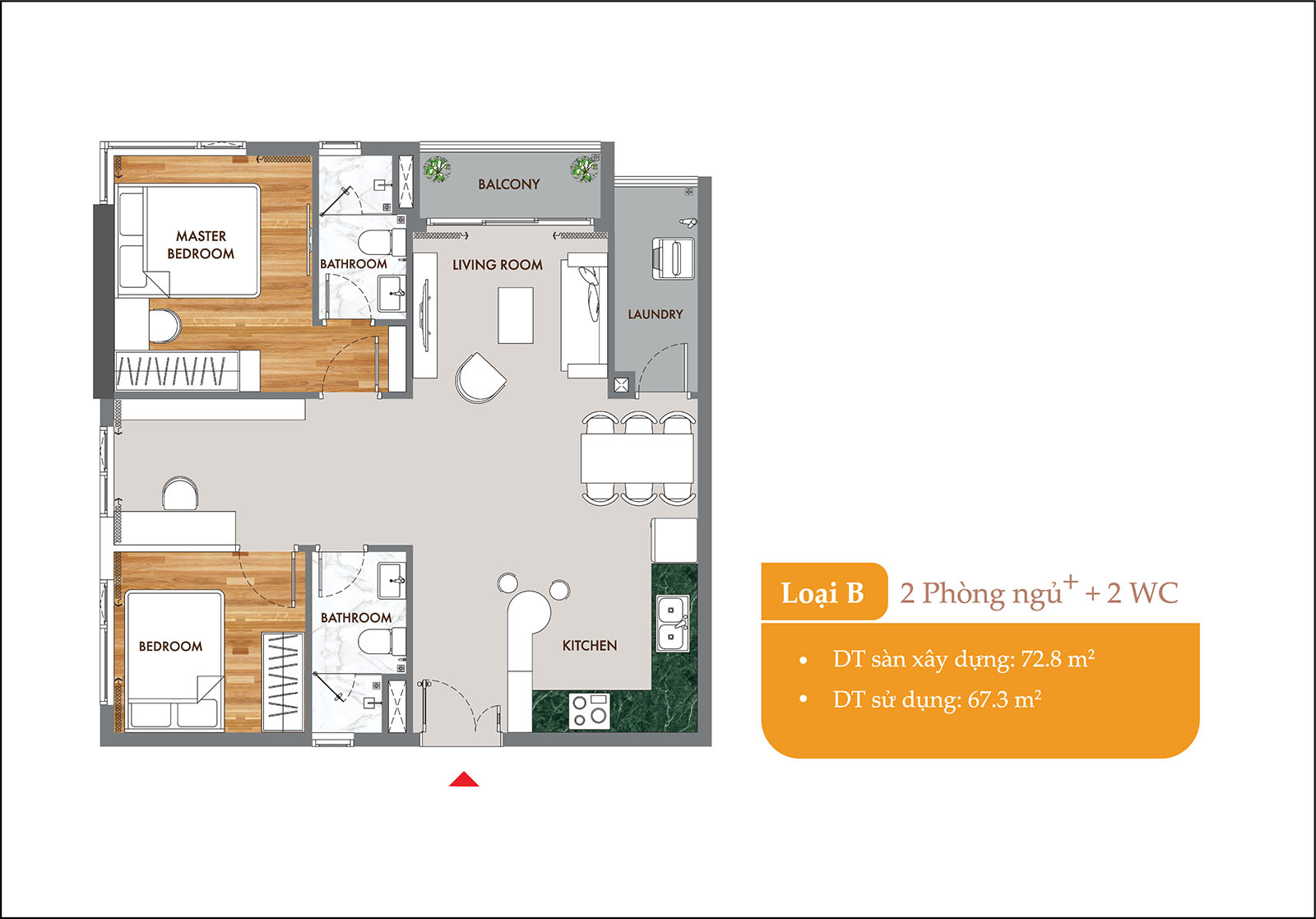 Layout thiết kế chi tiết căn 72,8m2 - 2PN - 2WC Phú Đông Sky One