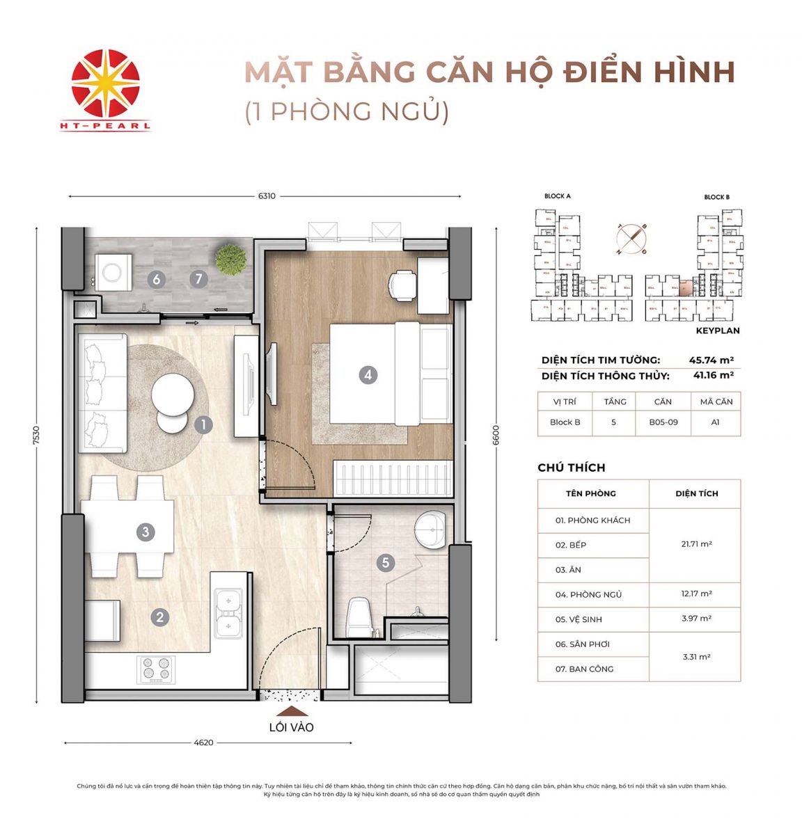 Layout thiết kế căn 1PN-1WC HT Pearl