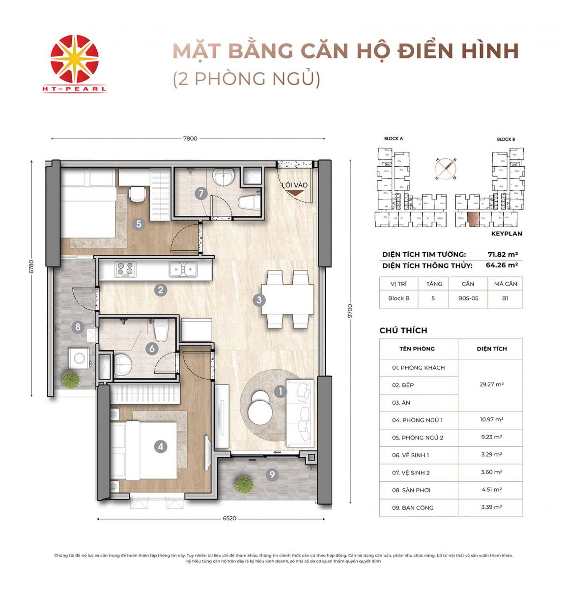 Layout thiết kế căn 2PN-2WC HT Pearl