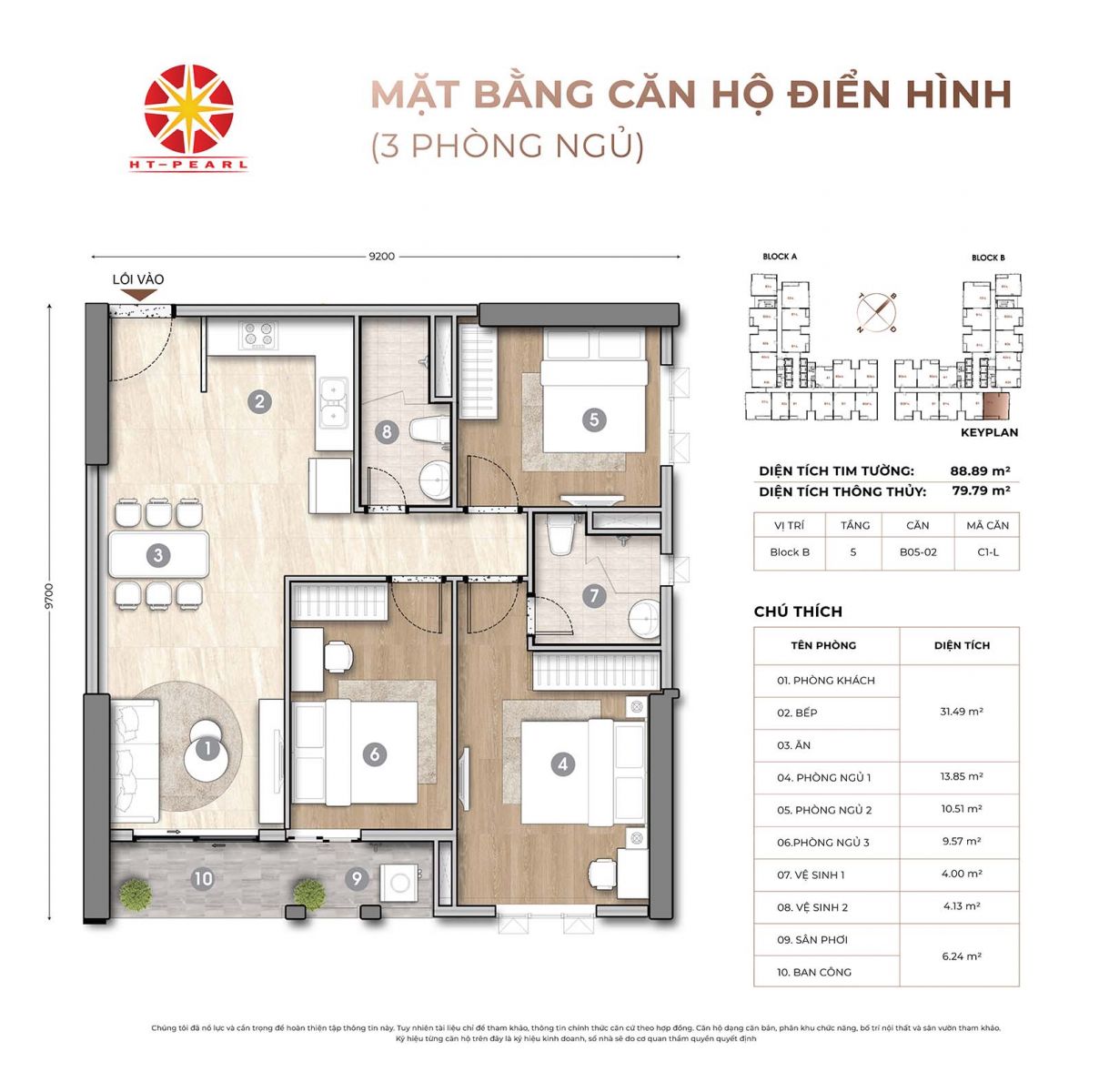 Layout thiết kế căn 3PN-2WC HT Pearl