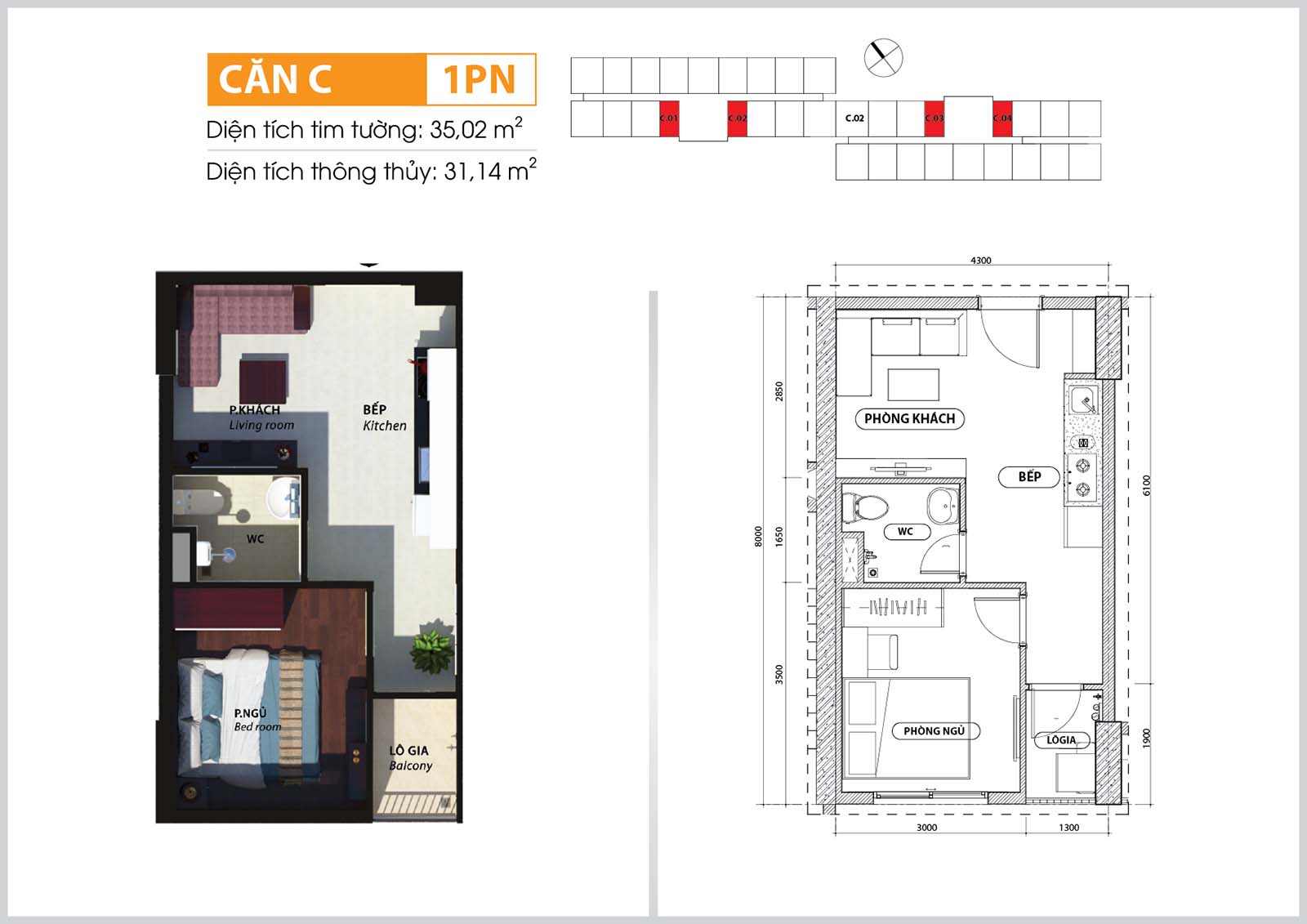 Layout thiết kế căn C Bcons Suối Tiên
