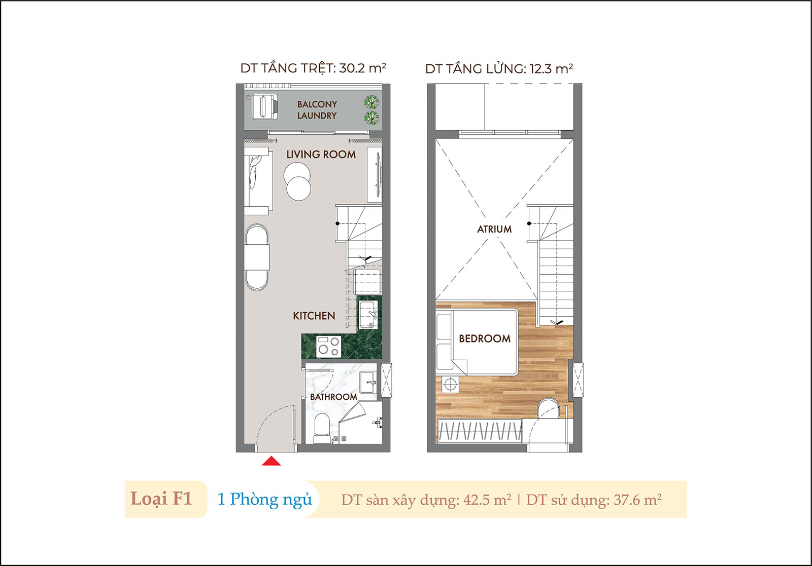 Layout thiết kế chi tiết căn Duplex 42.5m2 Phú Đông Sky One