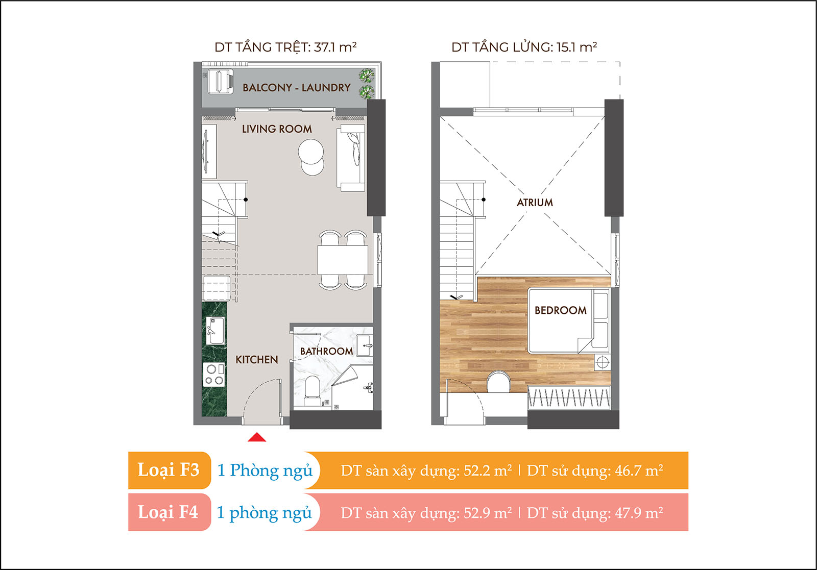Layout thiết kế chi tiết căn Duplex 52.9m2 Phú Đông Sky One