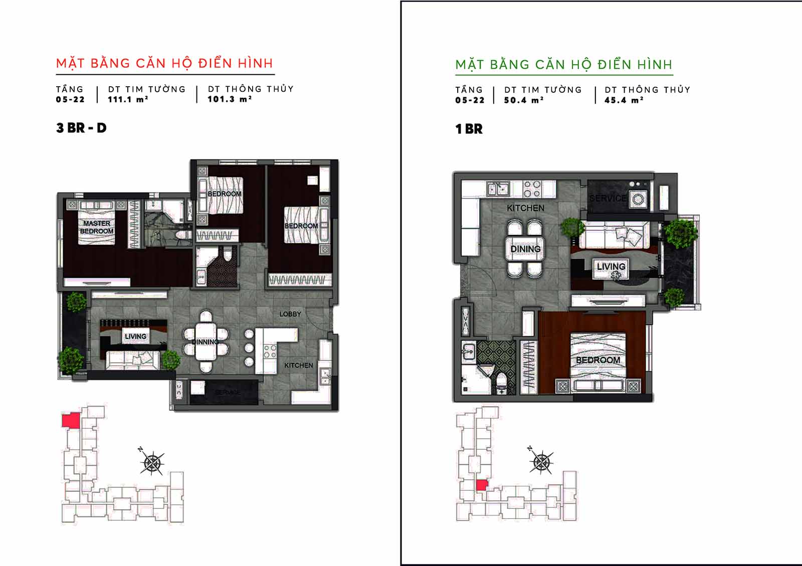 Layout thiết kế chi tiết căn hộ 50m2-111m2 Urban Green