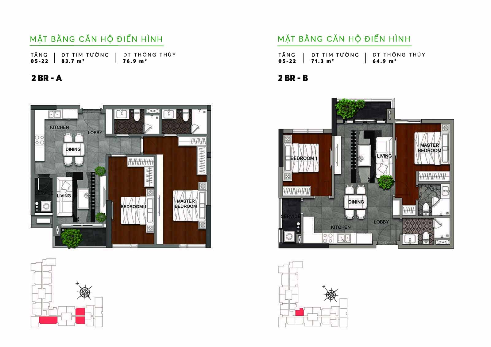 Layout thiết kế chi tiết căn hộ 71m2-83m2 Urban Green