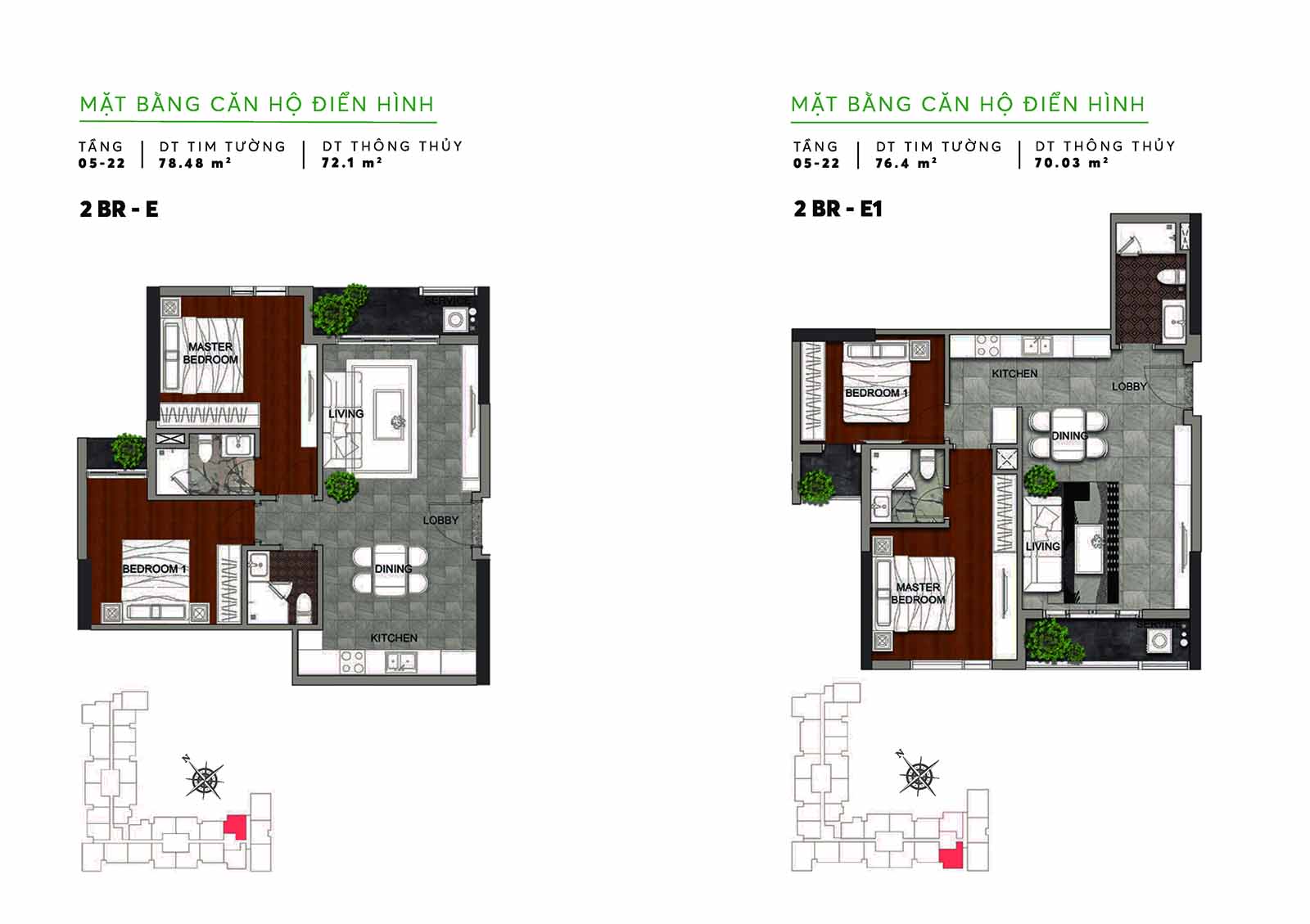 Layout thiết kế chi tiết căn hộ 76m2-78m2 Urban Green