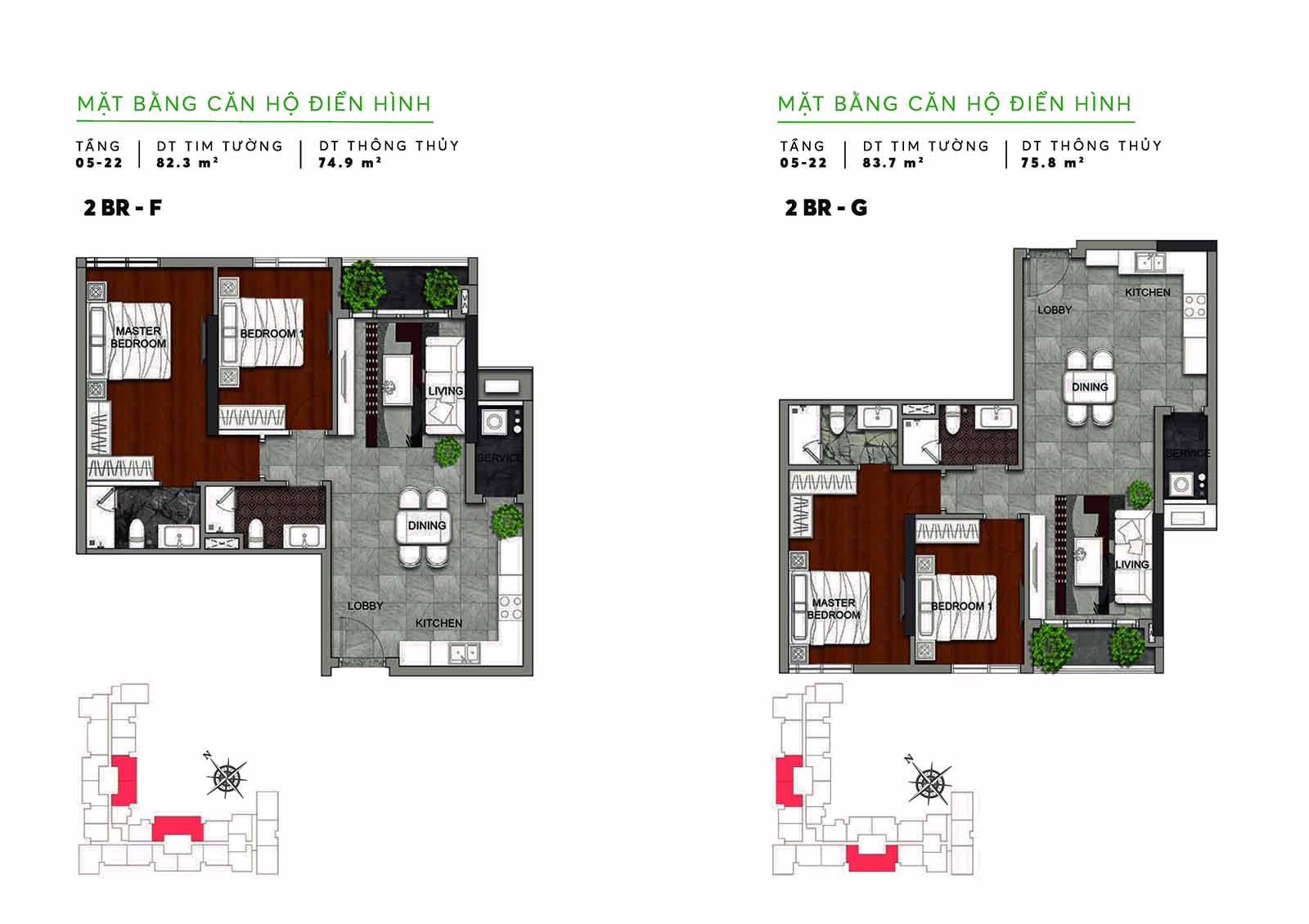 Layout thiết kế chi tiết căn hộ 82m2-83m2 Urban Green