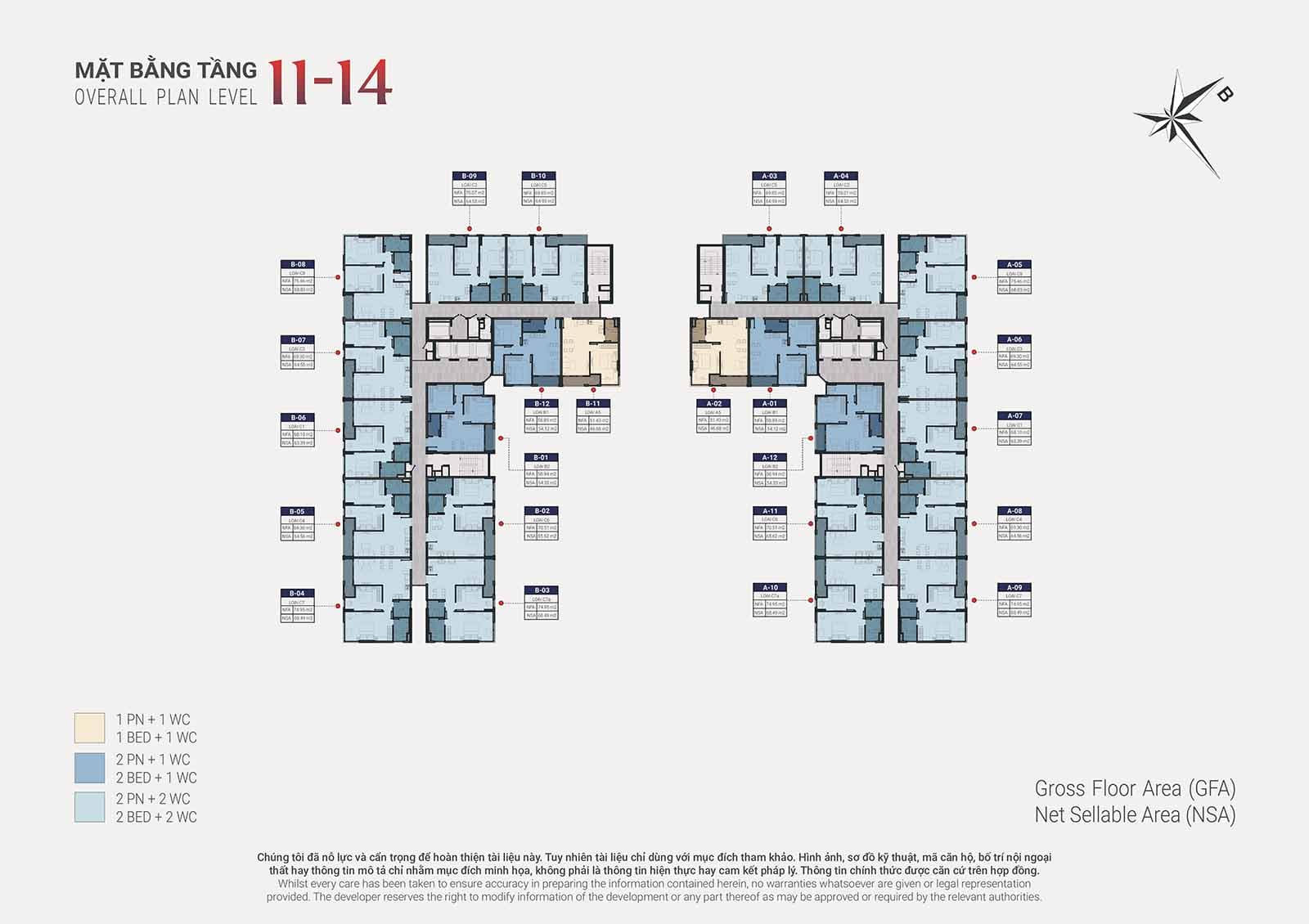 Mặt bằng thiết kế chi tiết tầng 11 - 14 Happy One Sora phát triển bởi Vạn Xuân Group