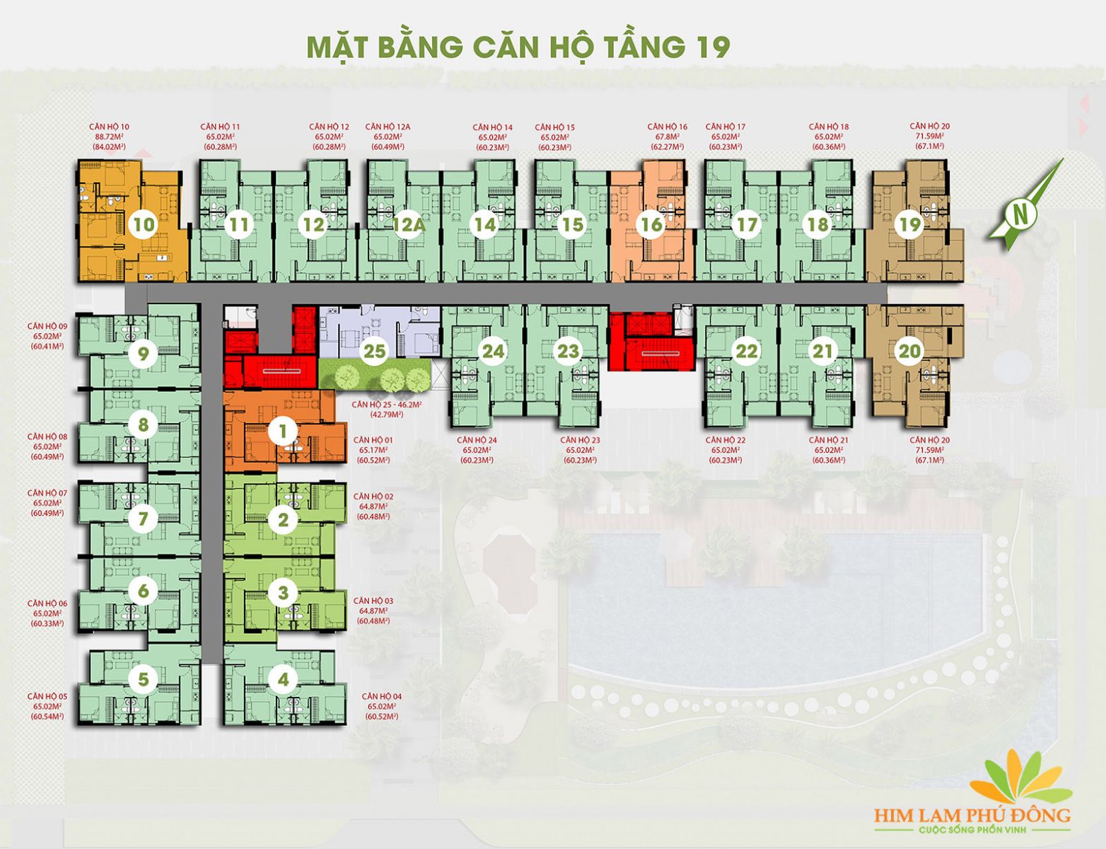 Mặt bằng thiết kế chi tiết tầng 19 Him Lam Phú Đông