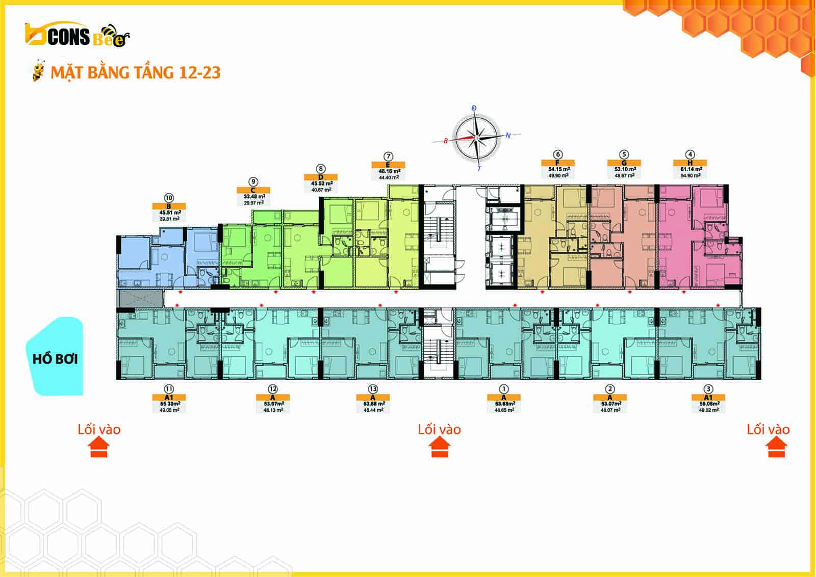 Mặt bằng thiết kế tầng 12-23 Bcons Bee