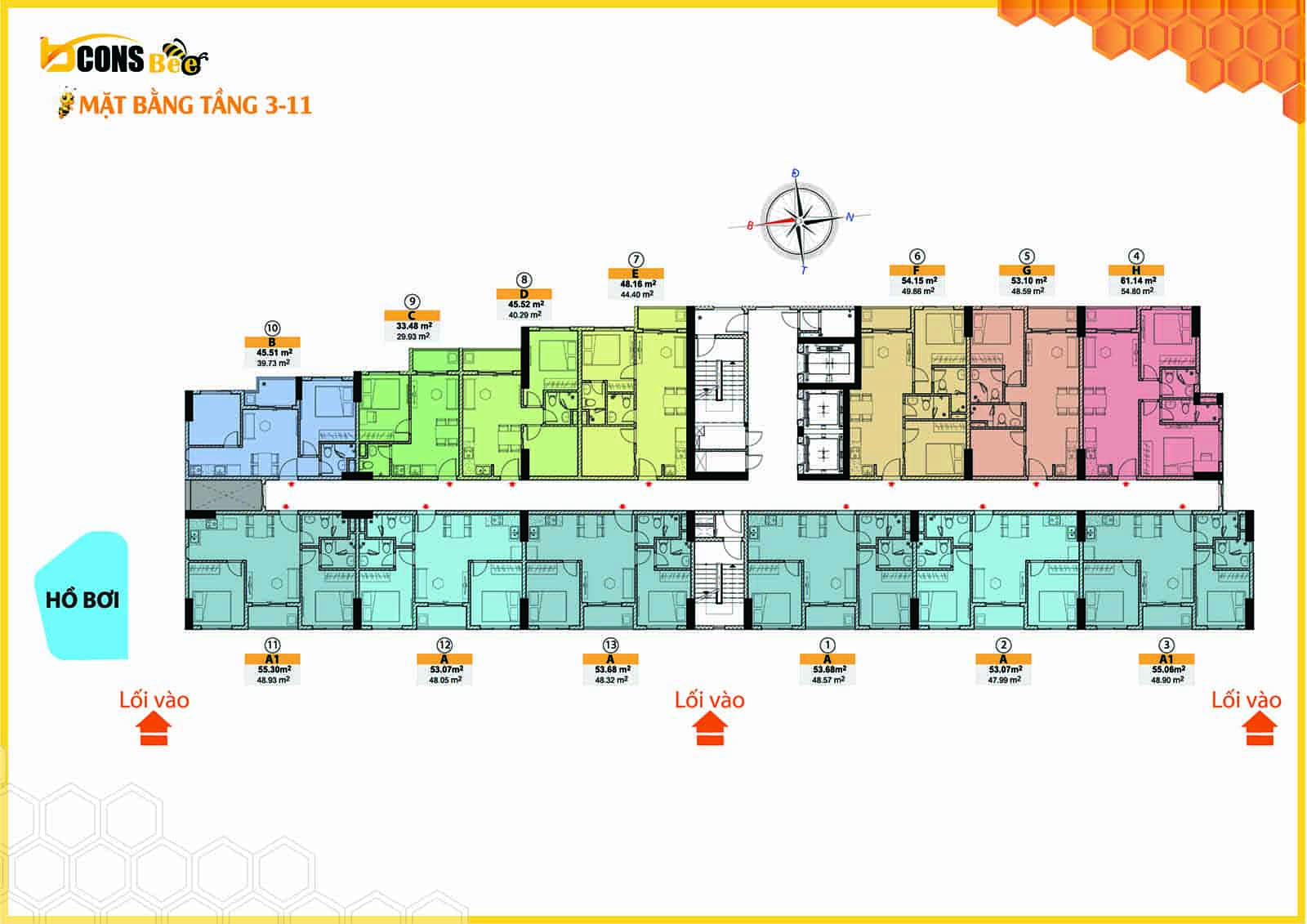 Mặt bằng thiết kế tầng 3-11 Bcons Bee