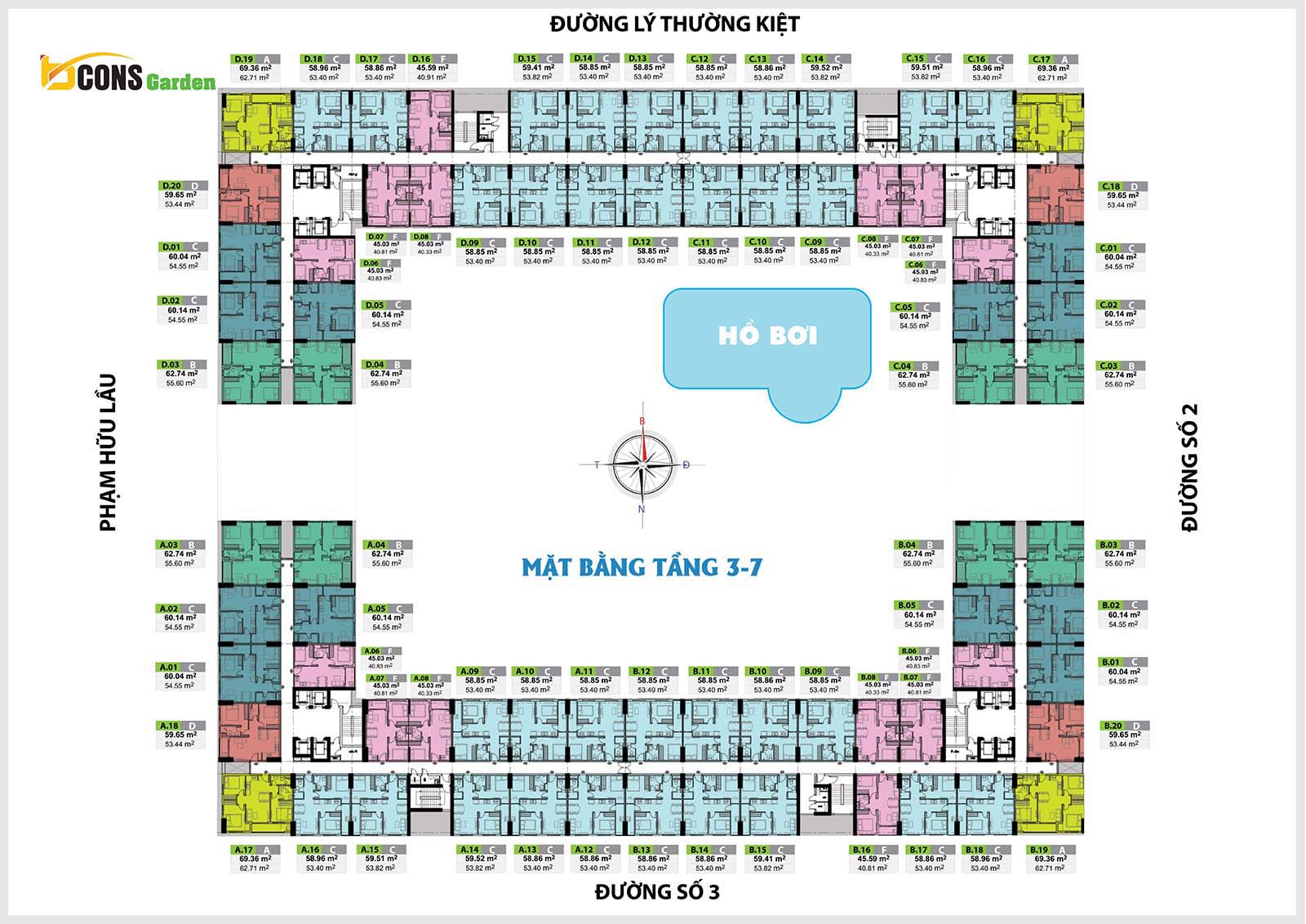 Mặt bằng thiết kế tầng 3-7 Bcons Garden