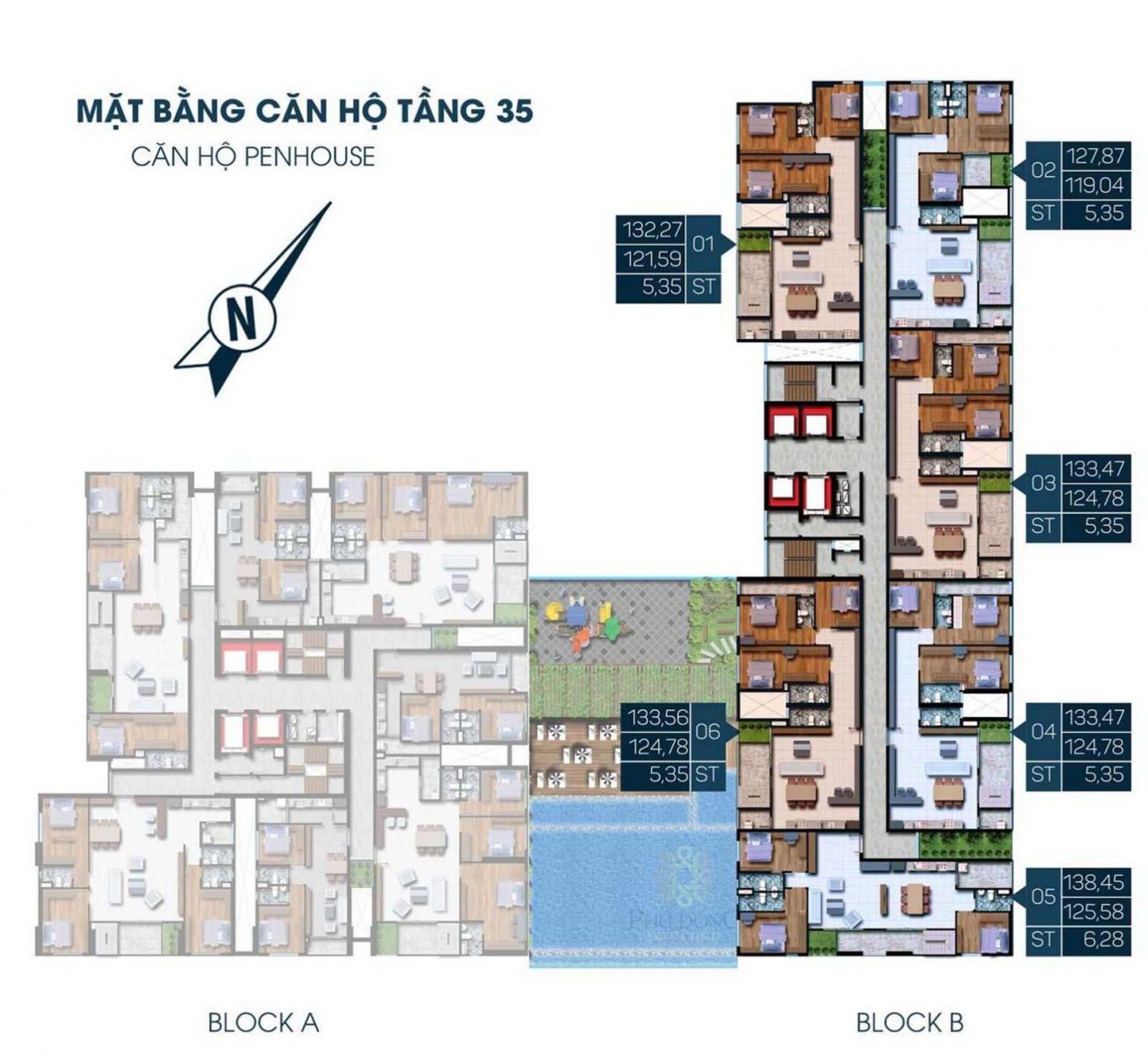 Mặt bằng thiết kế tầng 35 Block B Phú Đông Premier