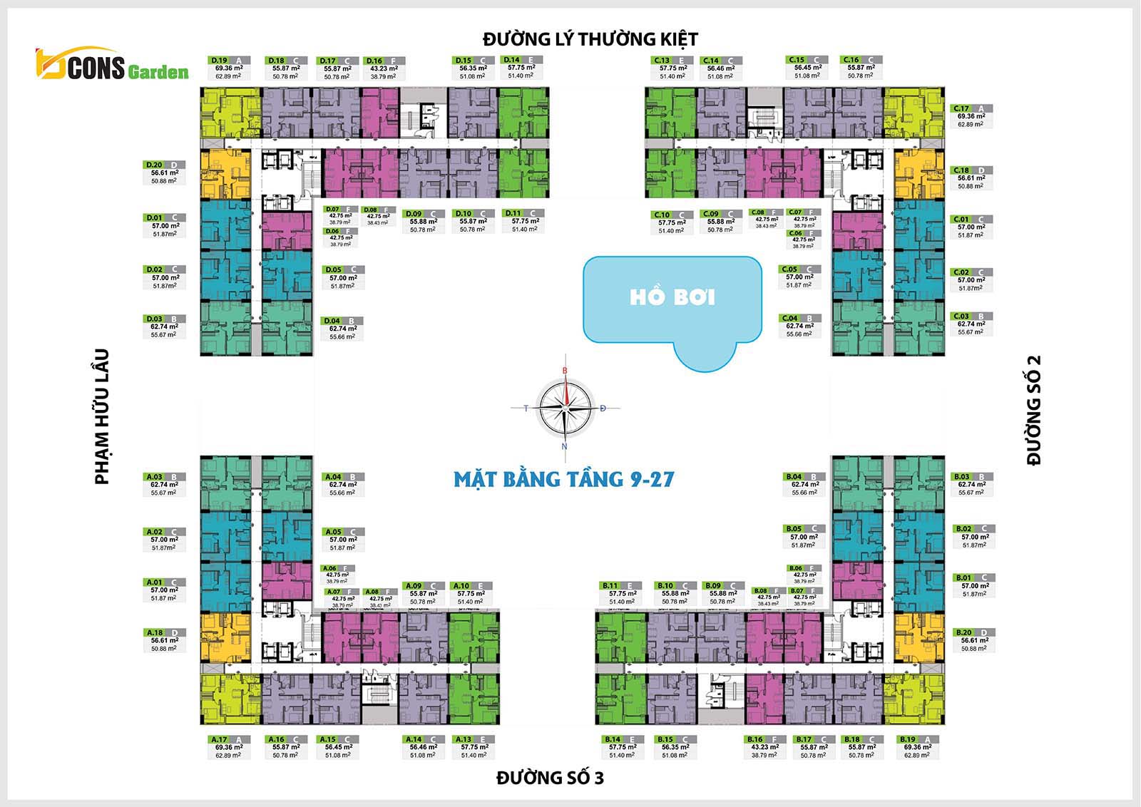 Mặt bằng thiết kế tầng 9-27 Bcons Garden
