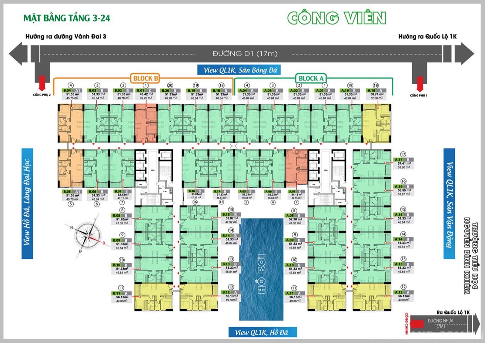Thiết kế mặt bằng điển hình tầng 3-24 Bcons Green View