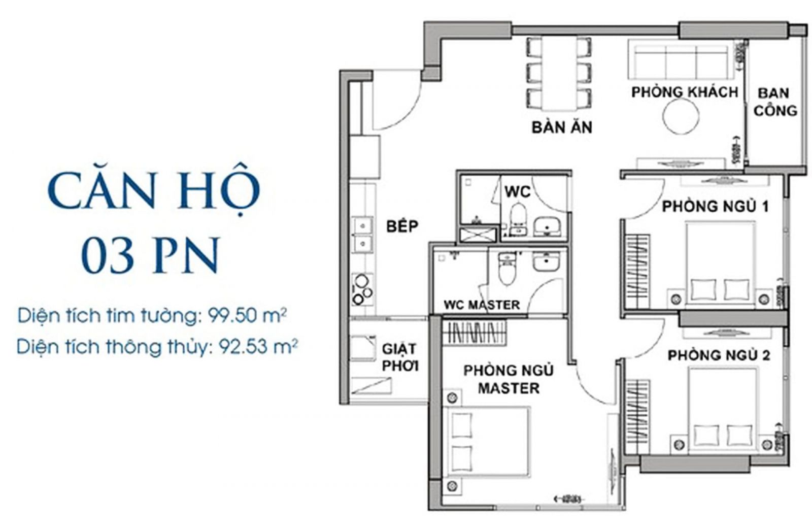 Layout thiết kế chi tiết loại căn 3PN The Rivana