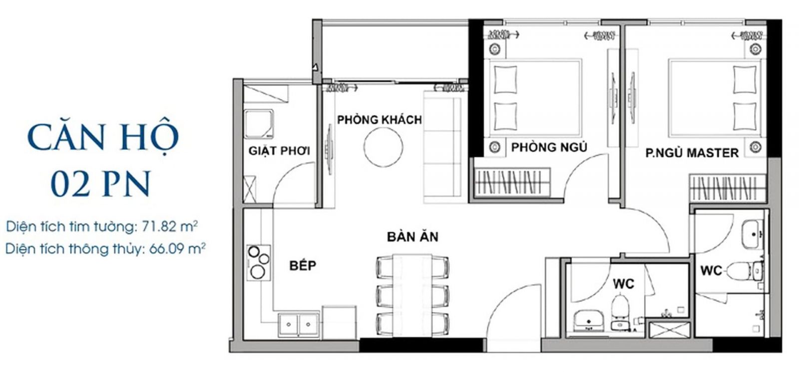 Layout thiết kế chi tiết loại căn 2PN The Rivana