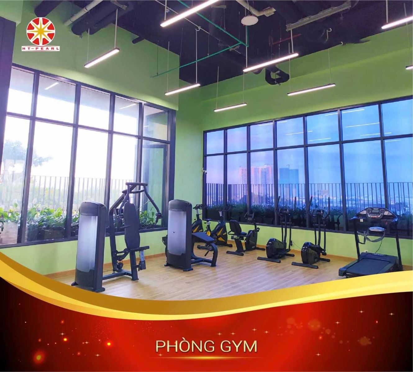 Phòng gym cao cấp trang bị máy móc hiện đại, phục vụ nhu cầu rèn luyện sức khỏe.
